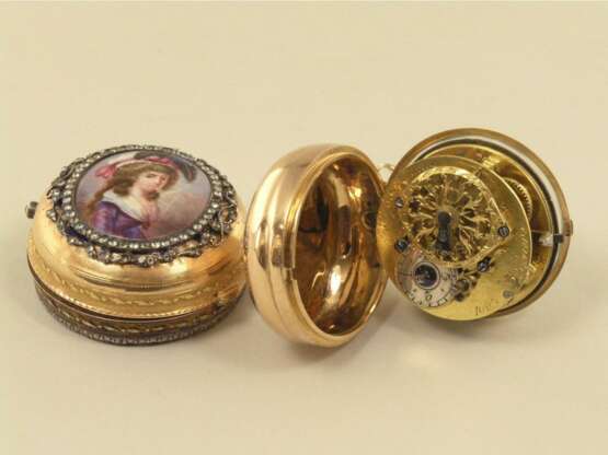 Pocket watch: rare paircase verge watch with enamel painting and jewels, Freres Wiss & Menu a Geneve ca. 1770 - photo 4