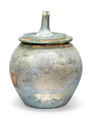 A ROMAN GLASS CINERARY URN AND LID