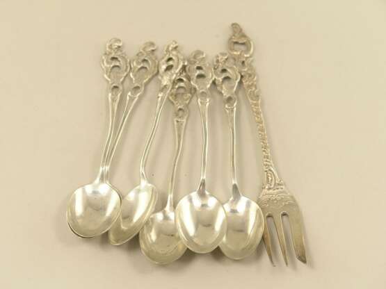 Silber: Set von 6 Teelöffeln und einer Kuchengabel, Silber - photo 1