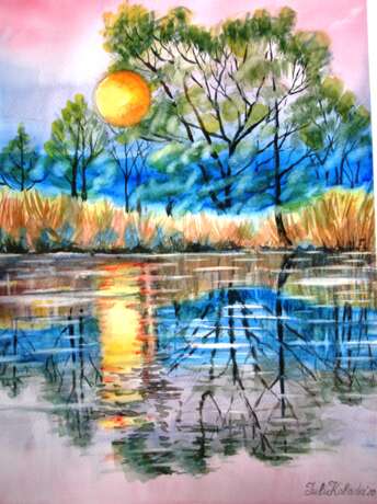 Drawing “Evening lake”, Paper, Watercolor, Realist, Landscape painting, 2020 - photo 1