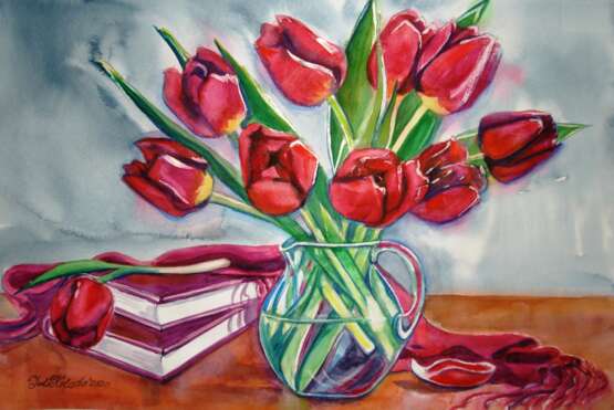 Drawing “The Season Of Tulips”, Paper, Watercolor, Realist, Still life, 2020 - photo 1