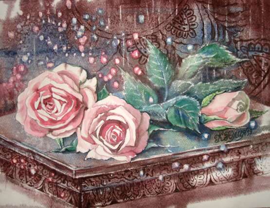 Zeichnung „Rosen“, Papier, Aquarell, Romantik, Stillleben, 2019 - Foto 1