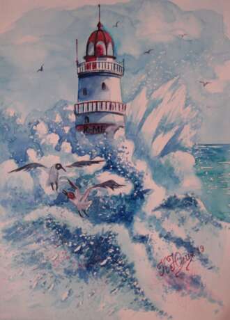 Zeichnung „Leuchtturm“, Papier, Aquarell, Impressionismus, Marinemalerei, 2019 - Foto 1