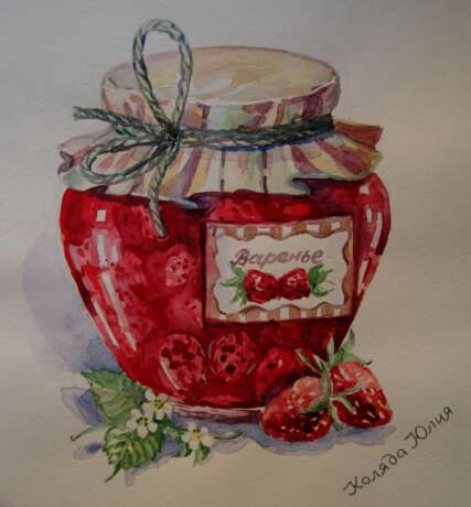 Drawing “Bank with strawberry jam”, Paper, Watercolor, Realist, Still life, 2017 - photo 1