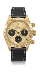 ROLEX A VERY RARE AND ATTRACTIVE 18K GOLD CHRONOGRAPH WRISTW...