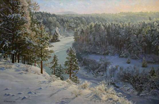 Painting “Over the snowy river”, Canvas, Oil paint, Realist, Landscape painting, Russia, 2019 - photo 1