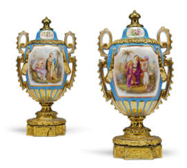 A PAIR OF ORMOLU-MOUNTED SEVRES-STYLE PORCELAIN TURQUOISE-GR...