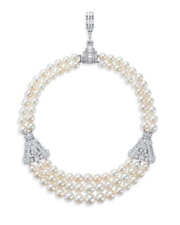 IMPORTANT NATURAL PEARL AND DIAMOND NECKLACE - Foto 1