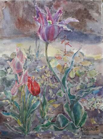 Drawing “Purple Tulip”, Paper, Watercolor, Realist, Still life, 2019 - photo 1