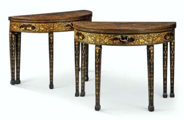 A PAIR OF CHINESE EXPORT BLACK AND GILT-LACQUER DEMI-LUNE GA...