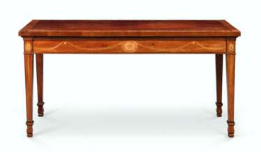 A GEORGE III MAHOGANY, FUSTIC AND MARQUETRY SERVING TABLE