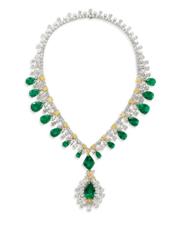 EMERALD, COLOURED DIAMOND AND DIAMOND NECKLACE, EARRING AND ... - photo 2