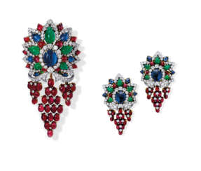 SAPPHIRE, RUBY, EMERALD AND DIAMOND BROOCH AND EARRING SET, ...