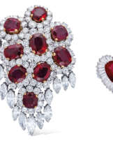 RUBY AND DIAMOND BROOCH, KUTCHINSKY, AND RUBY AND DIAMOND RI...