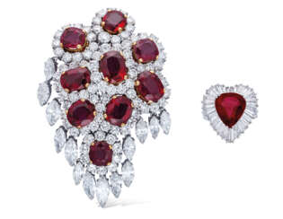 RUBY AND DIAMOND BROOCH, KUTCHINSKY, AND RUBY AND DIAMOND RI...