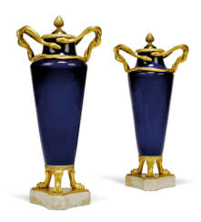 A PAIR OF DIRECTOIRE ORMOLU-MOUNTED BLUE GLASS VASES