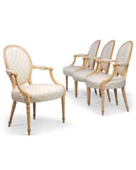 A SET OF FOUR GEORGE III BUFF-PAINTED ARMCHAIRS