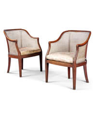 A PAIR OF GEORGE III MAHOGANY CANED BERGERES