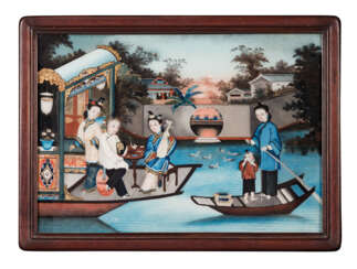 A CHINESE ROSEWOOD FRAMED REVERSE-GLASS PAINTING