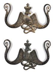 TWO MATCHING BLACK-PAINTED IRON HERALDIC CROWNED EAGLES