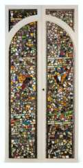 A PAIR OF ANTIQUARIAN STAINED-GLASS ARCHED DOOR PANELS