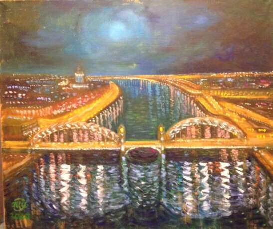 Painting “Okhtinsky bridge.”, Canvas, Oil paint, Impressionist, Landscape painting, 2020 - photo 1