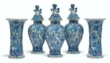 A DUTCH DELFT BLUE AND WHITE GARNITURE OF FIVE VASES