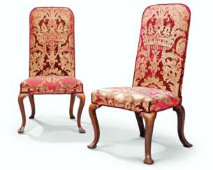 A PAIR OF GEORGE I WALNUT AND MARQUETRY SIDE CHAIRS