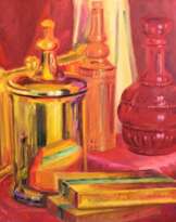 Golden vessel and red decanter. Golden vessel and red decanter.