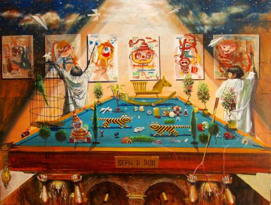 Painting “CHILDREN'S BILLIARDS”, Board, Oil paint, Surrealism, Everyday life, 2020 - photo 1