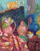 Red vases and red textile. Red vases and red textile.