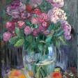 Roses and peonies in glass vase. - Покупка в один клик