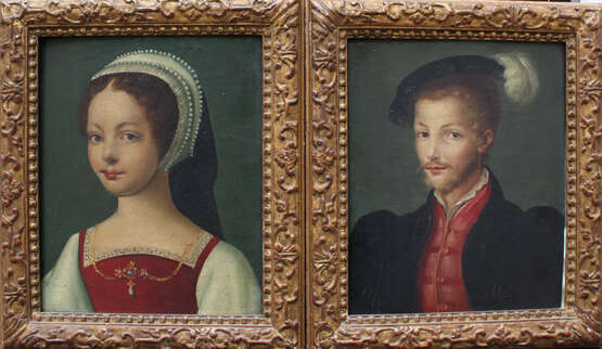 Corneille de Lyon (ca. 1500-1575)-school, Pair of portraits of aristocratic lady and gentleman - Foto 1