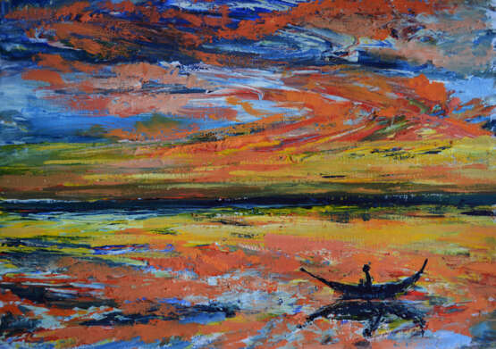 Gemälde „Fischer auf dem Wasser“, Leinwand, Acrylfarbe, Postimpressionismus, Stillleben, 2029 - Foto 1
