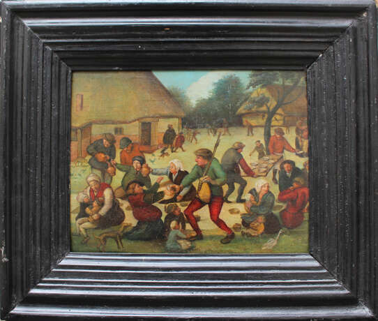 Pieter Brueghel the Younger (1564-1638)-school, Farmers feasting by a village with children and animals - Foto 1