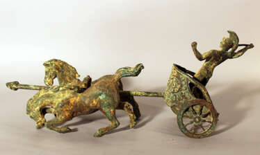 Roman chariot model with two horses and a warrior holding a spear, two wheels and decorations