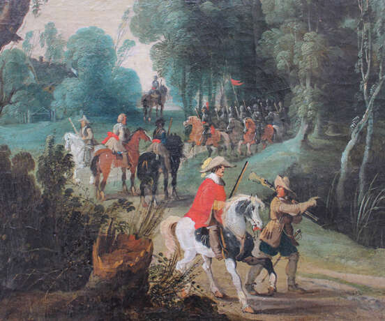 Sebastian Vrancx (1573-1647)-attributed, Soldiers and hunters on a path in landscape with dog and birds - Foto 3