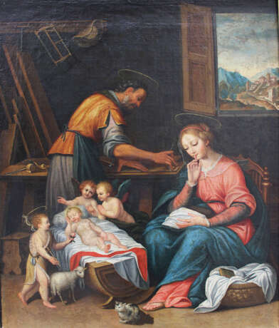 Francesco Albani (1578–1660)-circle, The Holy Family in Joseph‘s carpenter workshop with the sleeping child, Saint John, angels and Maria asking for silence - photo 2