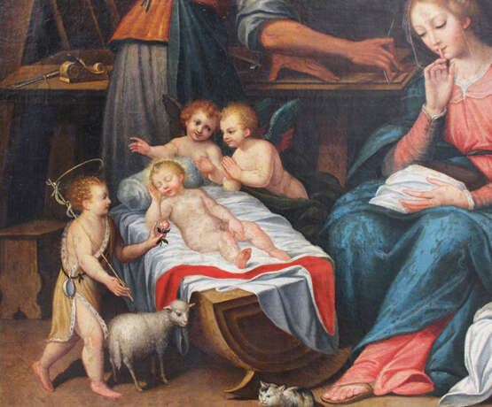 Francesco Albani (1578–1660)-circle, The Holy Family in Joseph‘s carpenter workshop with the sleeping child, Saint John, angels and Maria asking for silence - Foto 3