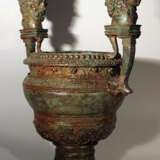 Bronze vessel in ancient style, one shaped column foot with waved round body and wide opening - фото 2