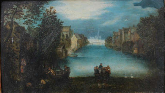 Jan Brueghel the Younger (1601-1678)-circle, Landscape with ferry and boats by a river with houses and swans, some travellers nearby and a church in the distance - Foto 2