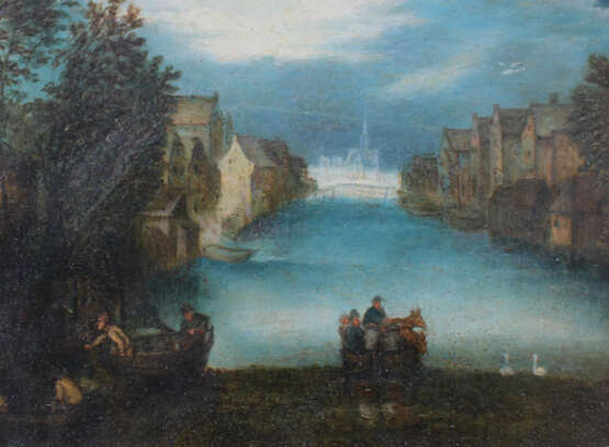 Jan Brueghel the Younger (1601-1678)-circle, Landscape with ferry and boats by a river with houses and swans, some travellers nearby and a church in the distance - Foto 3