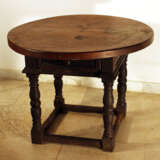 Tuscany around 17th Century hall wooden table with one drawer and four turned feet with bottom connection, partly stepped, original dark brown patina - photo 1