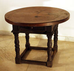 Tuscany around 17th Century hall wooden table with one drawer and four turned feet with bottom connection, partly stepped, original dark brown patina
