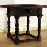 Tuscany around 17th Century hall wooden table with one drawer and four turned feet with bottom connection, partly stepped, original dark brown patina - photo 2