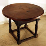 Tuscany around 17th Century hall wooden table with one drawer and four turned feet with bottom connection, partly stepped, original dark brown patina - photo 3