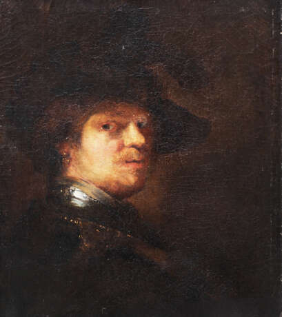 Rembrandt Harmenszoon van Rijn (1606-1669)-school, Portrait of a man with feather hat and looking to the side - Foto 1