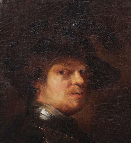 Rembrandt Harmenszoon van Rijn (1606-1669)-school, Portrait of a man with feather hat and looking to the side - Foto 2