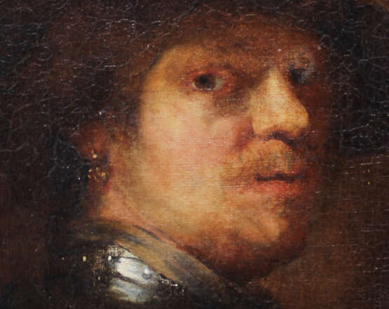 Rembrandt Harmenszoon van Rijn (1606-1669)-school, Portrait of a man with feather hat and looking to the side - photo 3