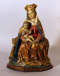 Bohemian Madonna in Gothic manner with Child sitting on an bench, with rich folded cloths and crown